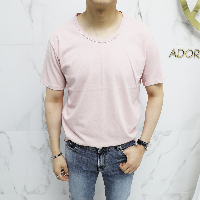 아도르클래식 남성용 통풍 잘되는 면 U넥 반팔 티셔츠