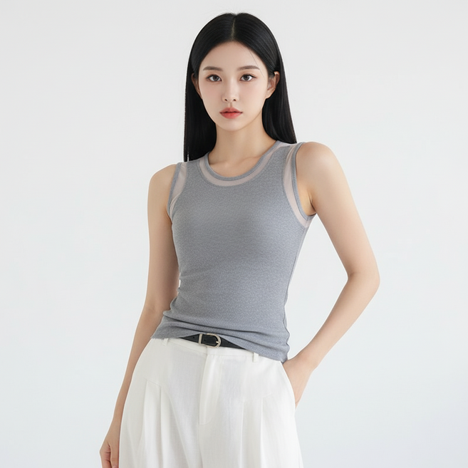 마켓피아 여성용 골지 슬림핏 시스루넥 민소매