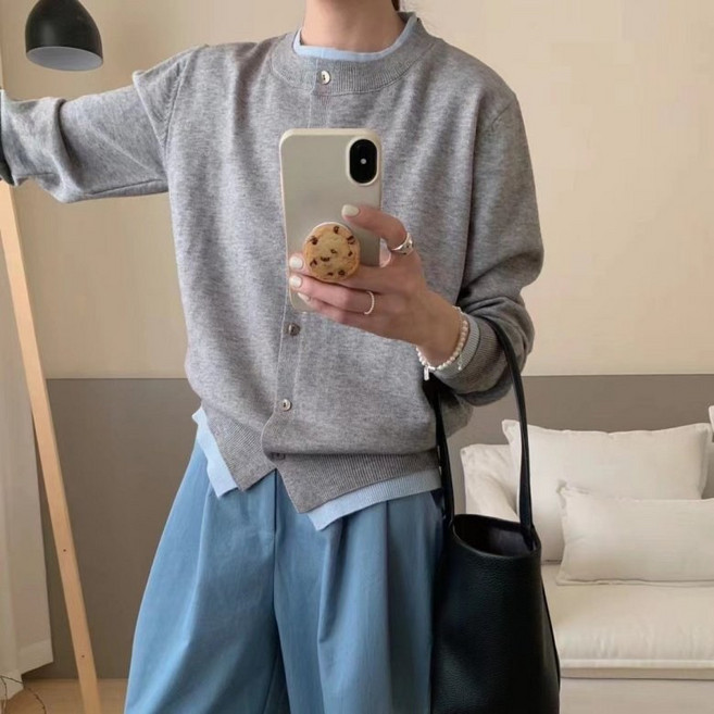 아이엠몽 여성용 하베론 니트 배색 레이어드 긴팔 가디건