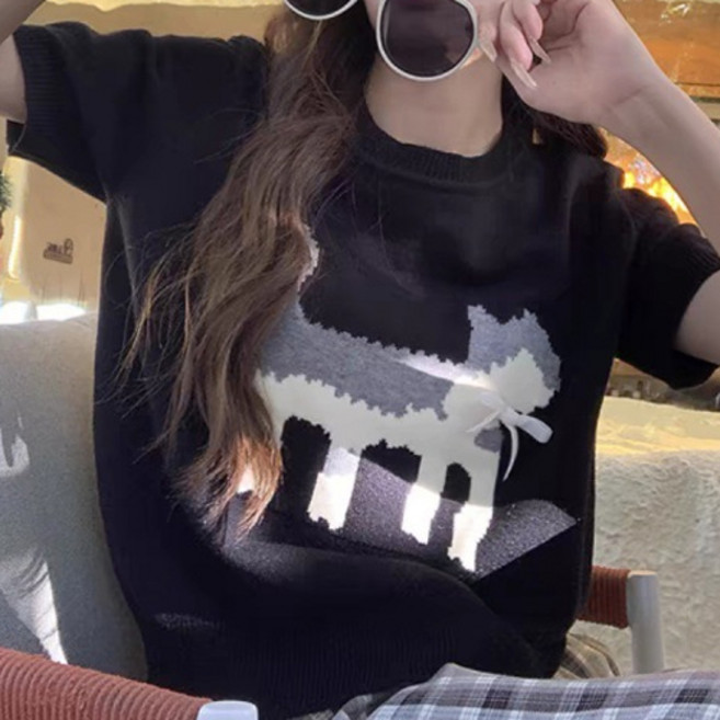 더플로우커머스 여성용 강아지 자수 루즈핏 반팔 니트 티셔츠