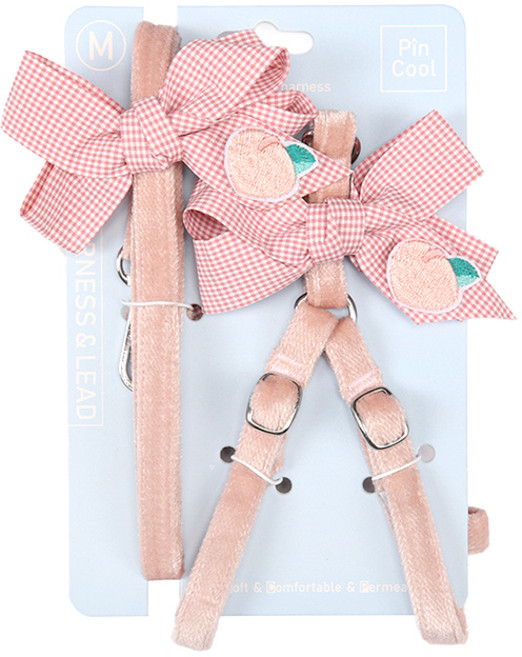 파스텔펫 강아지 체크리본 벨벳 리드줄 + 가슴줄 M 세트, 핑크, 1세트