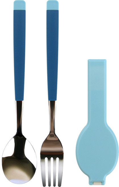 심플 도시락 수저 세트, 블루, 스푼 + 포크 + 케이스, 1개