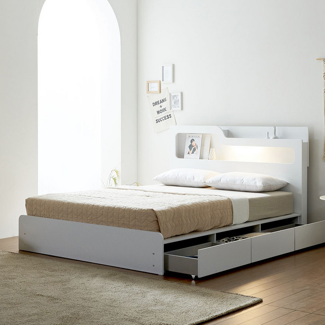 우아미가구 마나스 LED 3단서랍 벙커수납 침대 프레임 단품 방문설치, 화이트