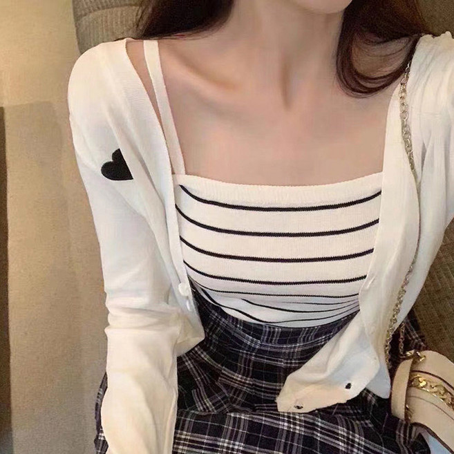 더시럽 여성용 스트라이프 나시 + 하트 가디건 투피스 세트