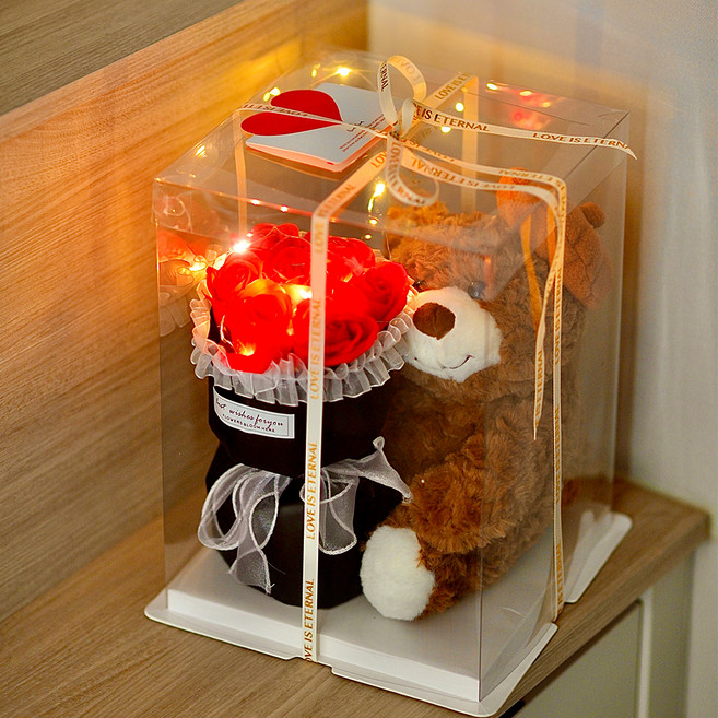 아르띠콜로 조화 LED 장미꽃 푹신한 곰돌이 향기나는 비누꽃다발 + 쇼핑백, 1개, 레드