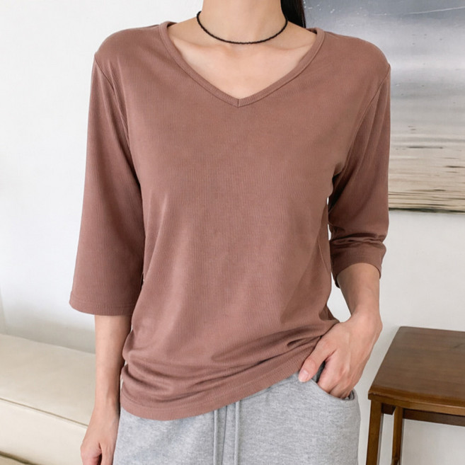 라라온 여성용 브이넥 스판 골지 8부 티셔츠 26TSP3698