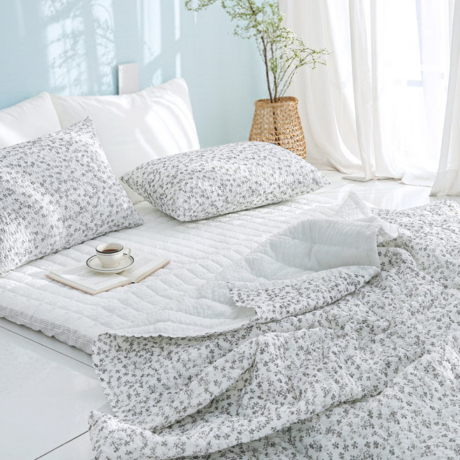 스코홈 국산 눈꽃 냉감 시어서커 엣지 차렵이불 + 누빔 요 솜포함 세트