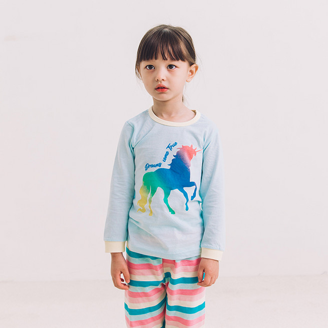 올로미미 여아용 30수 편면 레인보우 유니콘 실내복 상하의 세트