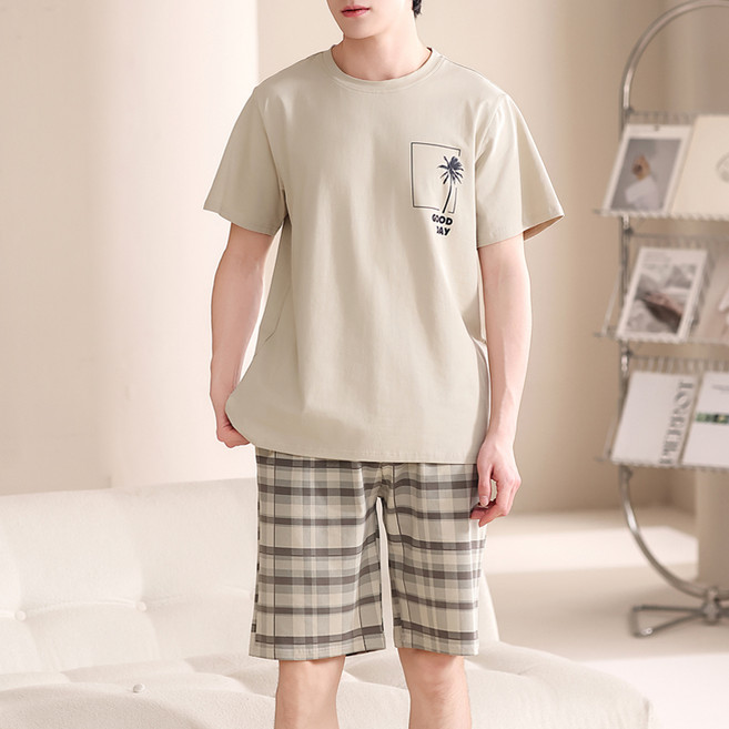 세컨핑크 남성용 통기성 블랙라벨 고급 순면 반팔 반바지 잠옷세트