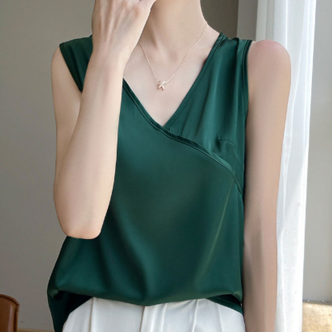 더시럽 여성용 V넥 랩디자인 새틴 민소매