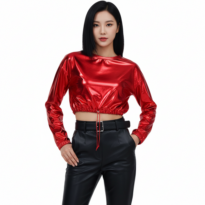 마켓피아 여성용 무대 댄스의상 라운드넥 광택 긴팔 크롭탑