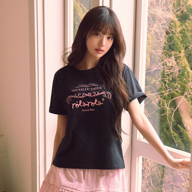 로라로라 여성용 통기성 빈티지 누벨 로고 반팔 티셔츠