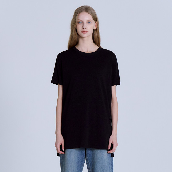 베이직하우스 여성용 통기성 면 싱글 레이어드 롱 반팔 티셔츠 LATS0216