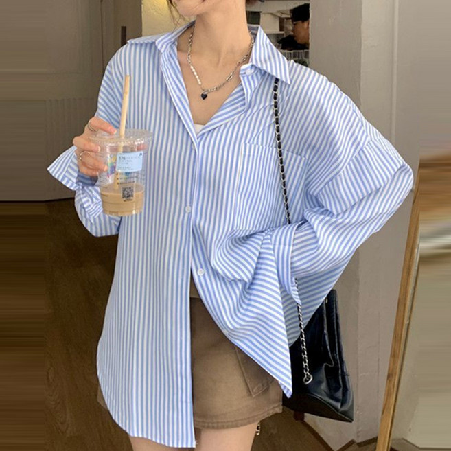 DMELD 女款條紋翻領寬鬆長袖襯衫