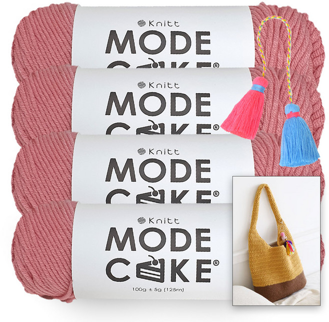 Knitt Mode Cake 編織線 100g x 4入 + About 手提包織圖 + 彩色雙流蘇組, 11 印度粉, 1套