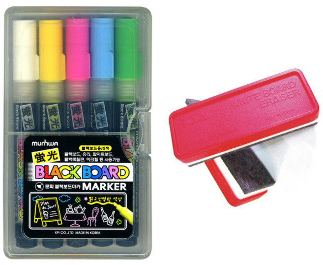 문화연필 블랙보드마카 +보드마카 지우개, 블랙보드마카(흰색, 분홍, 노랑, 초록, 파랑), 1세트
