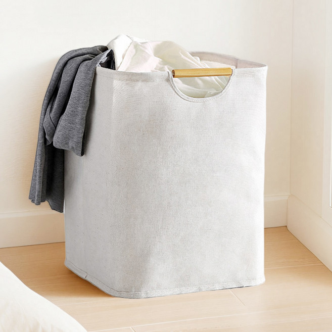 리빙공감 우드손잡이 베이직 접이식 빨래바구니, 화이트