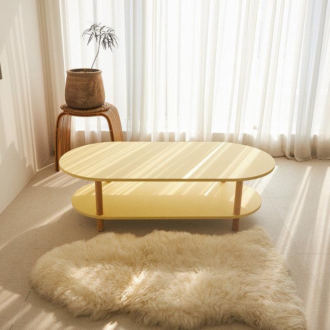 스토리퍼니쳐 국내생산 E0 LPM 하모니 2단 쇼파 테이블 타원 HIGH 1200x600x480, 버터옐로우 + 오크