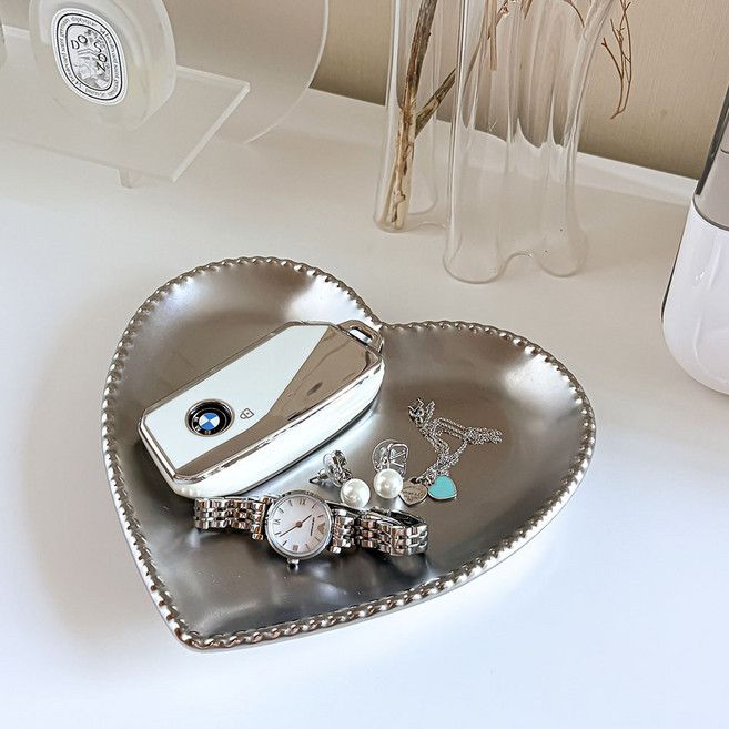 리빙공감 빈티지 하트 악세사리 반지 목걸이 트레이, 실버