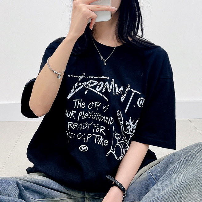 젤루나 여성용 순면100 락밴드 라운드넥 오버핏 반팔 티셔츠 TH-48