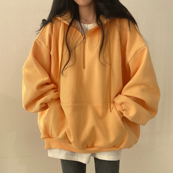 Marketpia 女性寬鬆保暖拉鍊領連帽T恤