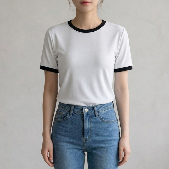 알로데 여성용 데일리 배색 골지 반팔티