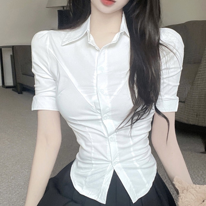 더시럽 여성용 밑단 라운드 슬림 셔츠