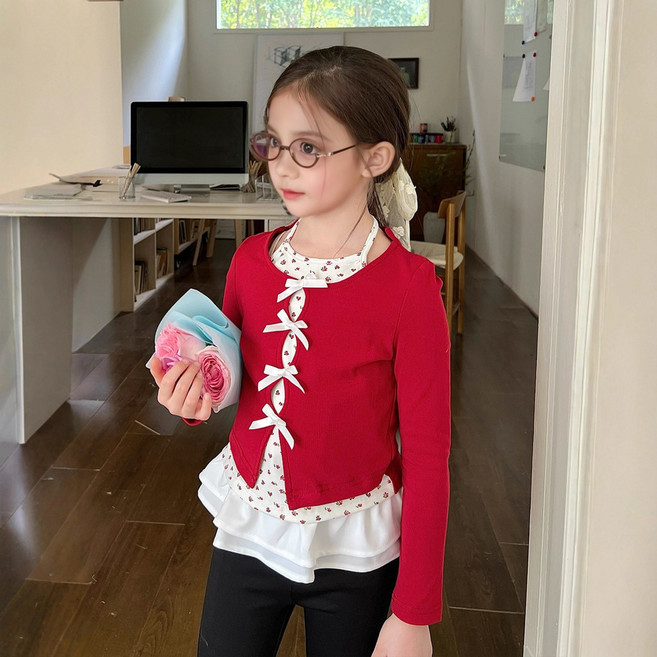 유블리 아동용 누아젠 홀터넥 나시 레이어드 리본 가디건