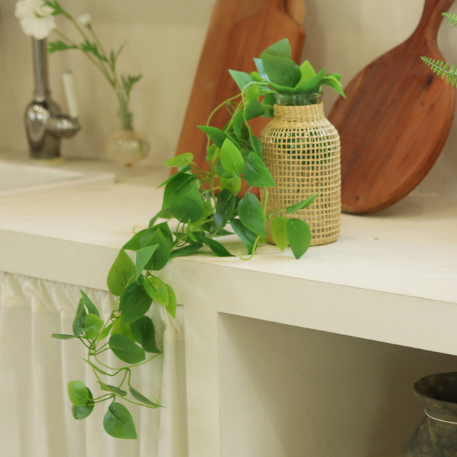 센트바스켓 그린바인 넝쿨조화 + 라탄 화병 세트, 스킨답서스, 1세트