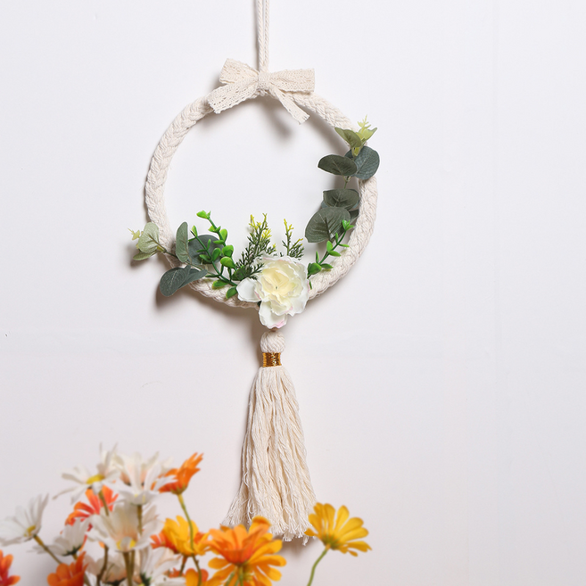 Labovia 自然風繩環流蘇鈴鐺裝飾 波西米亞風室內裝飾吊飾 米色花環款, 混合色