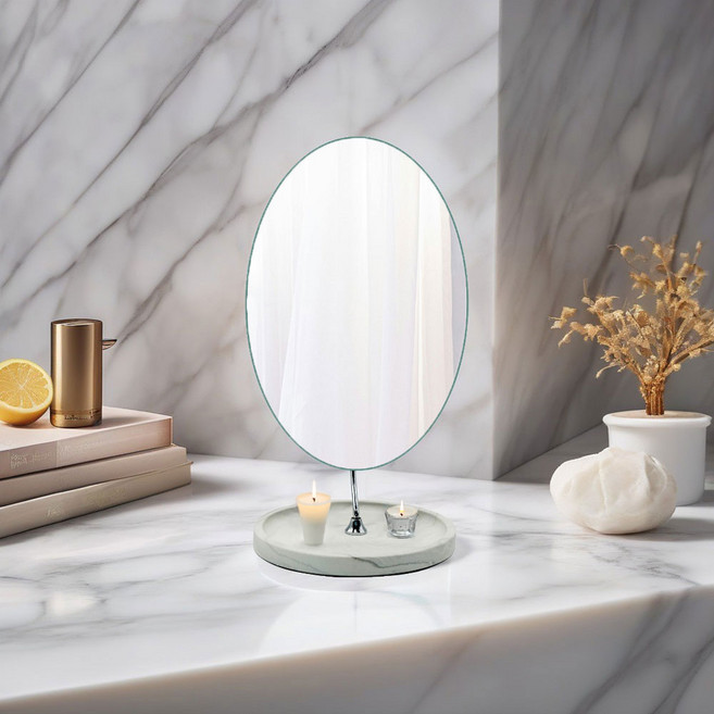 유일아트 노프레임 마블 타원 화장대 탁상거울 302 악세사리 트레이 메이크업 탁상경, 화이트 대리석문양