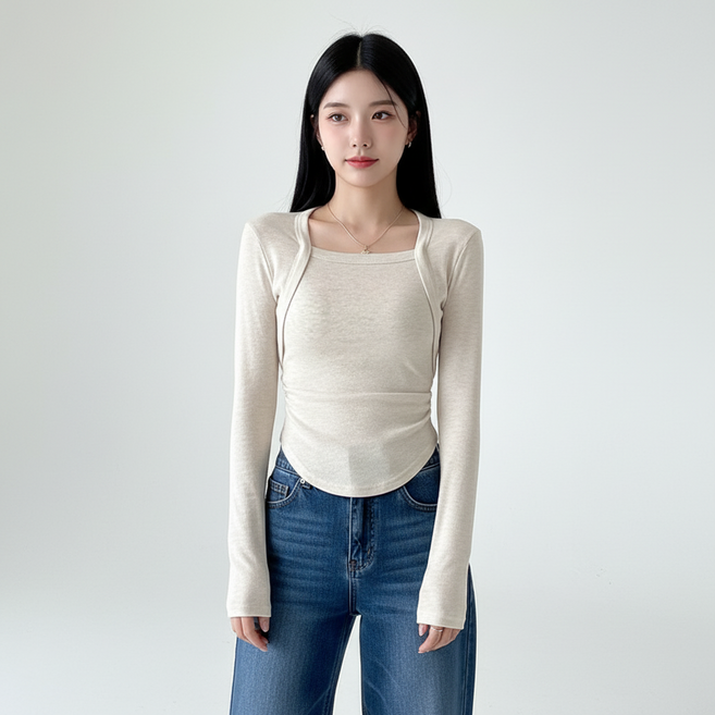 마켓피아 여성용 스퀘어넥 슬림핏 긴팔티