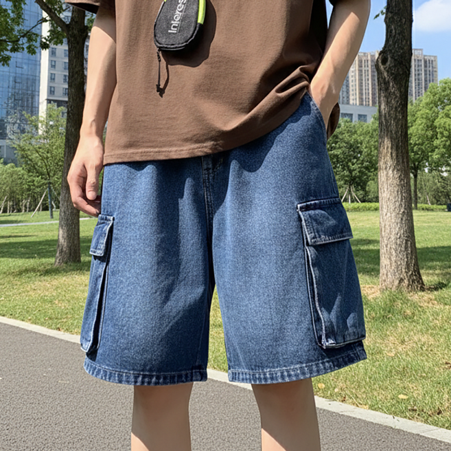 INFIOUS 男士鬆緊帶工裝牛仔短褲 I263-100