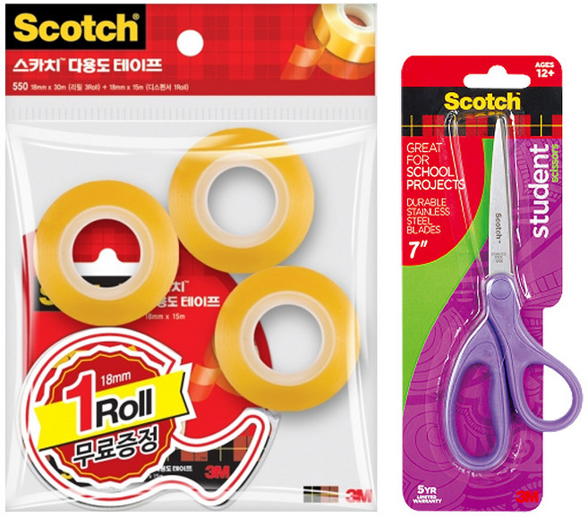 스카치 다용도 테이프 581 + 550 리필 3p 18mm x 30m + 학생용 가위 17.8cm, 랜덤발송, 1세트