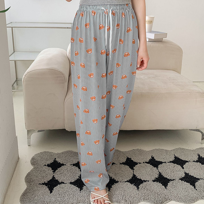 딥톡 여성용 밴딩 일자 스트라이프 베어 홈웨어 파자마 와이드 잠옷 바지 DT0850