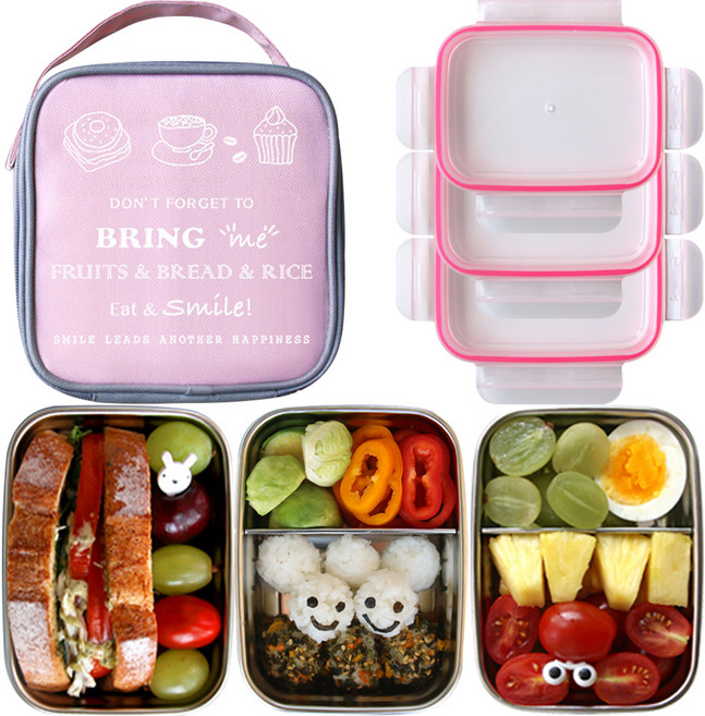 블루테이블 3단 스텐 도시락 + 가방 세트, 1세트, 혼합색상