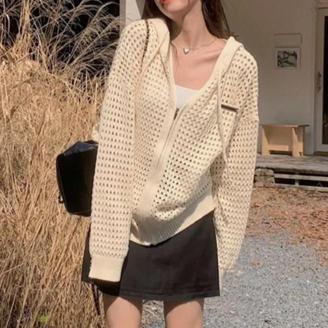 德普羅商務 透氣寬鬆版型鏤空針織連帽拉鍊開襟衫