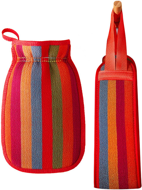 혼자서도 가능한 스트라이프 각질제거 타월 2종 세트, 레드, 1개입, 1세트