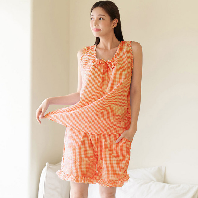 GLAM GONGGAM 女性涼感泡泡紗維他命無袖兩件式夏季睡衣套裝