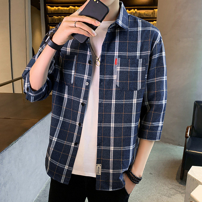 DM Corporation 男士休閒格紋七分袖襯衫