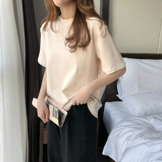 DMELD 女款夏季日常寬鬆素色圓領短袖T恤