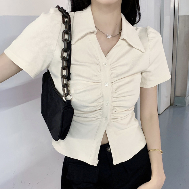 Elsso 女款可愛抓皺短袖襯衫