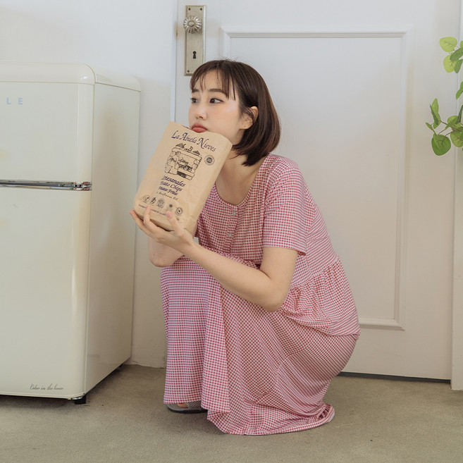 DS DOSSY 女性涼感格紋短袖睡衣連身裙 D3953