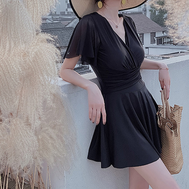 Goodif 女款像洋裝的輪廓喇叭裙型連身泳衣, 黑色