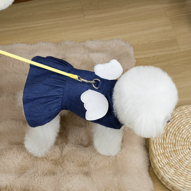 웨이비데이즈 반려동물 엔젤 날개 펫 데님 원피스 W265-0055, 진청, 1개