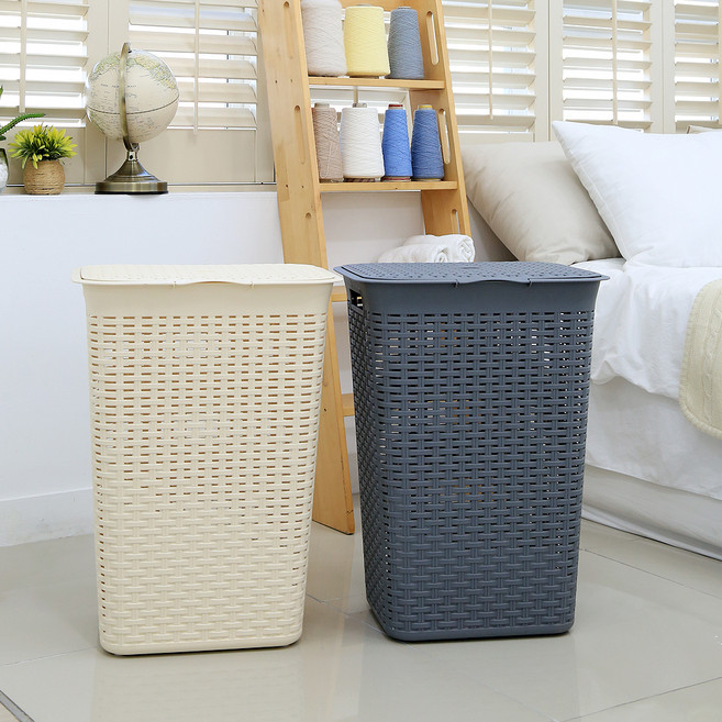 엠리빙 아누 라탄 대용량 손잡이 빨래 바구니 60L 2종 세트, 아이보리 + 그레이