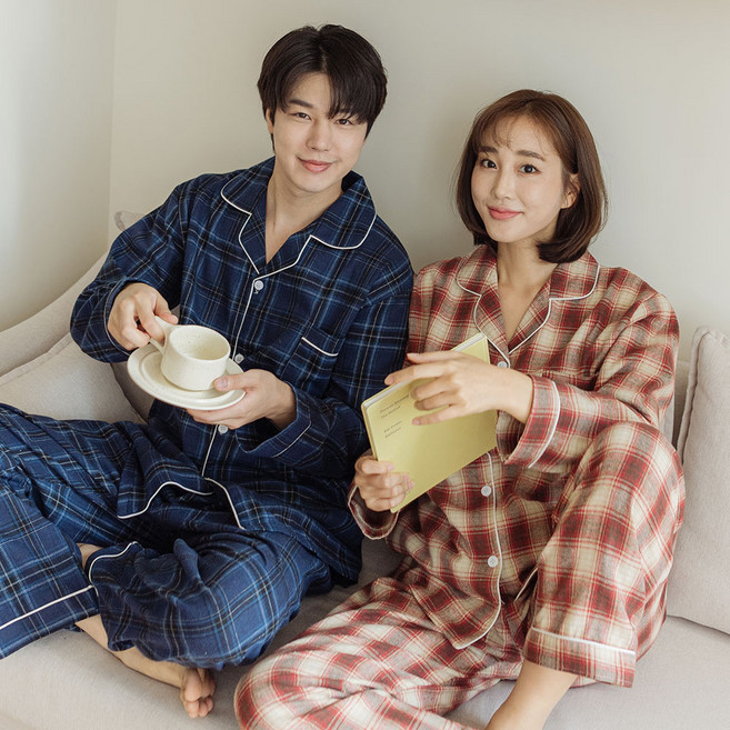 디에스도씨 커플용 면기모 긴팔 카라 잠옷 상하의 2종 세트