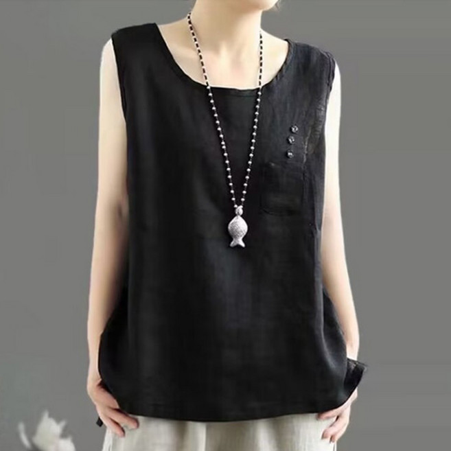 퀸이즈 여성용 통기성 린넨 민소매 나시 티셔츠