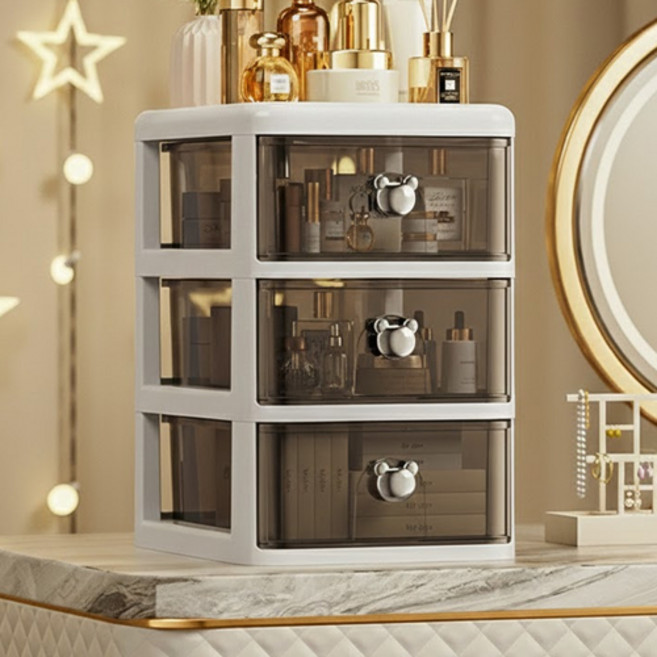 더플로우커머스 다층 투명 화장대 데스크 정리 수납함, 블랙, 3단