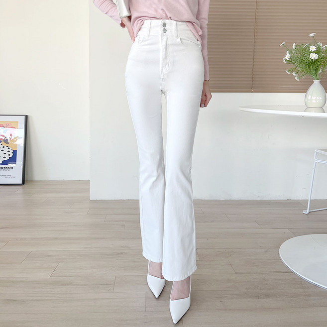 플랜데이 여성용 숏/미디움/롱 기장 투버튼 하이웨스트 스판 부츠컷 팬츠